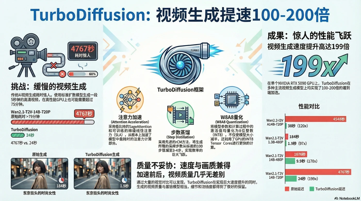 AI 视频生成提速 200 倍：TurboDiffusion 如何让一小时的等待缩短至几十秒？